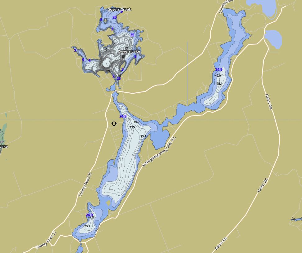 Contour Map of Kashagawigamog Lake in Municipality of Minden and the District of Haliburton